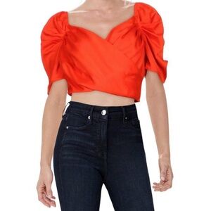 NWOT Gracia Womens Red Surplice Zip Back Crop Top Shirt w/ Ruched Sleeves, Sz S